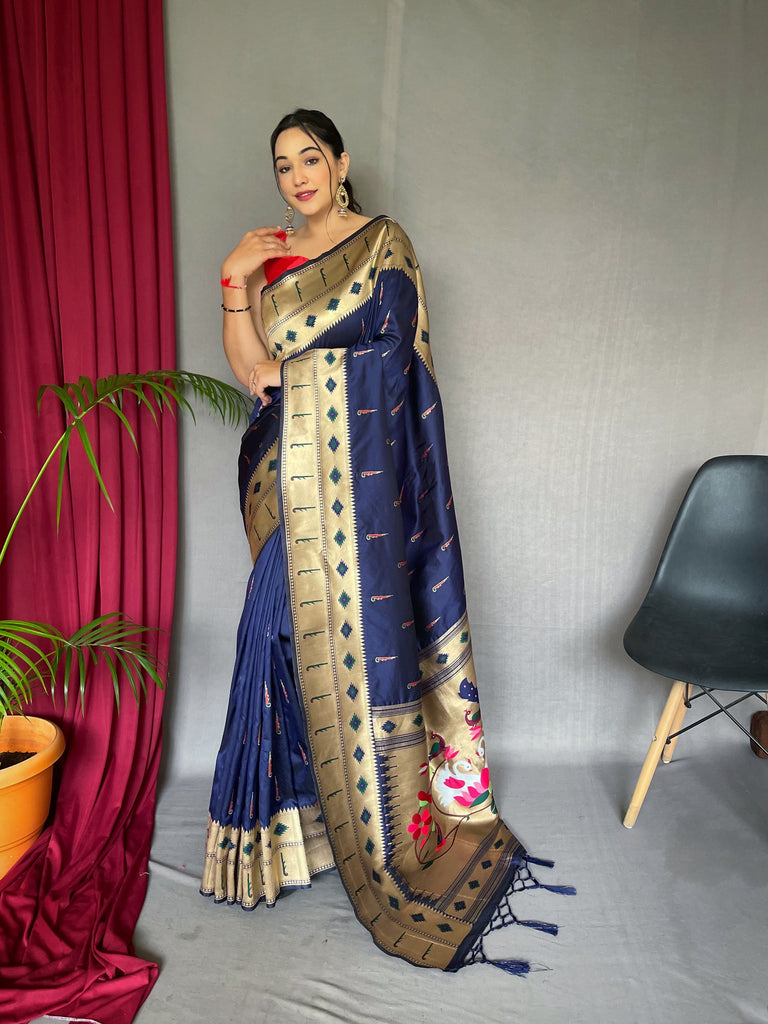 Muniya Paithani Silk Woven Saree Blue Zodiac Clothsvilla