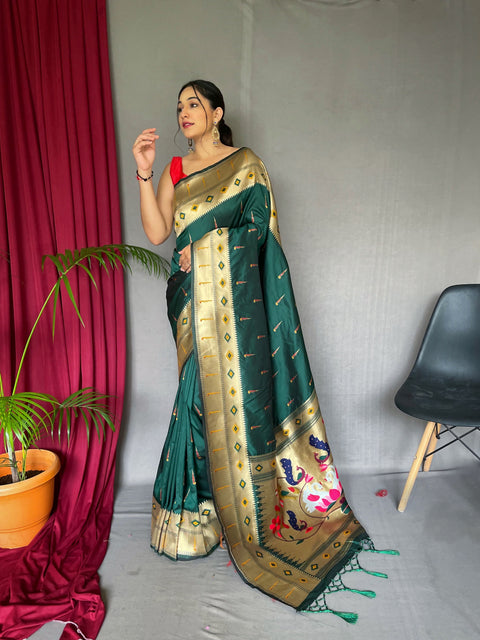 Muniya Paithani Silk Woven Saree Green Pea Clothsvilla Main image