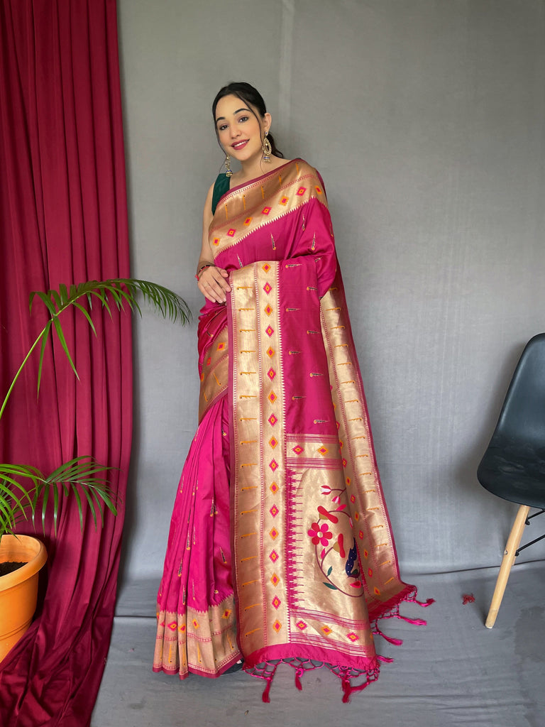 Muniya Paithani Silk Woven Saree Vivid Burgundy Clothsvilla