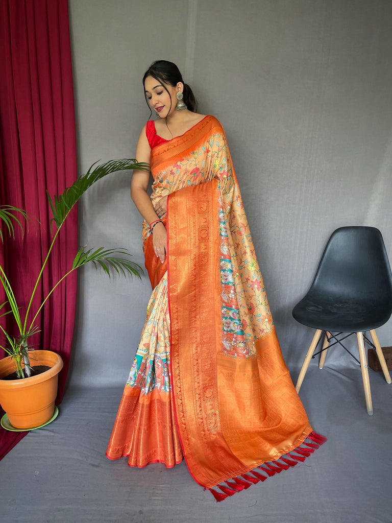 Gala Phool Kalamkari Printed Woven Saree Deep Peach Clothsvilla
