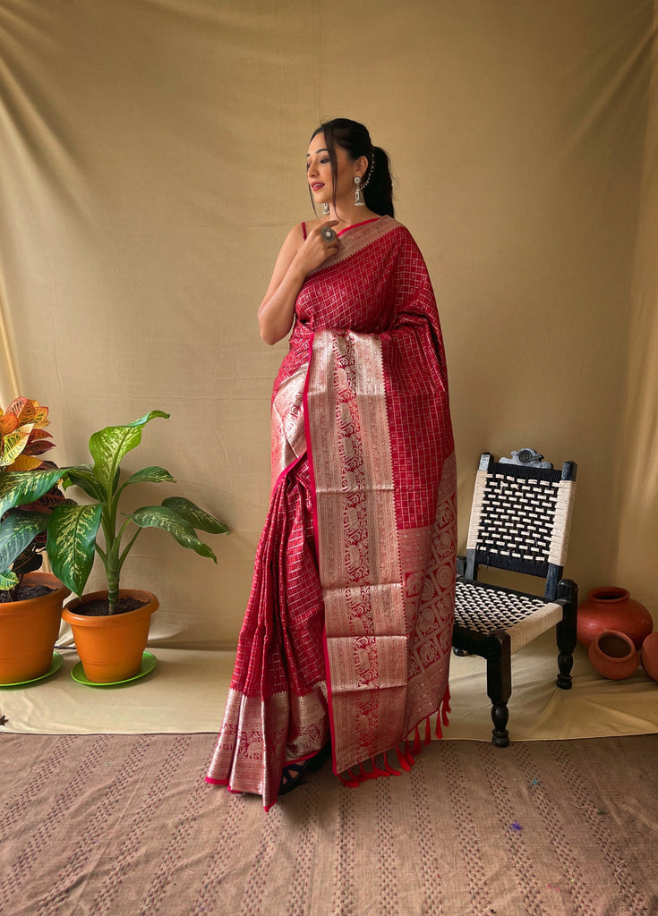 Soft Silk Woven Checks Saree Red Clothsvilla