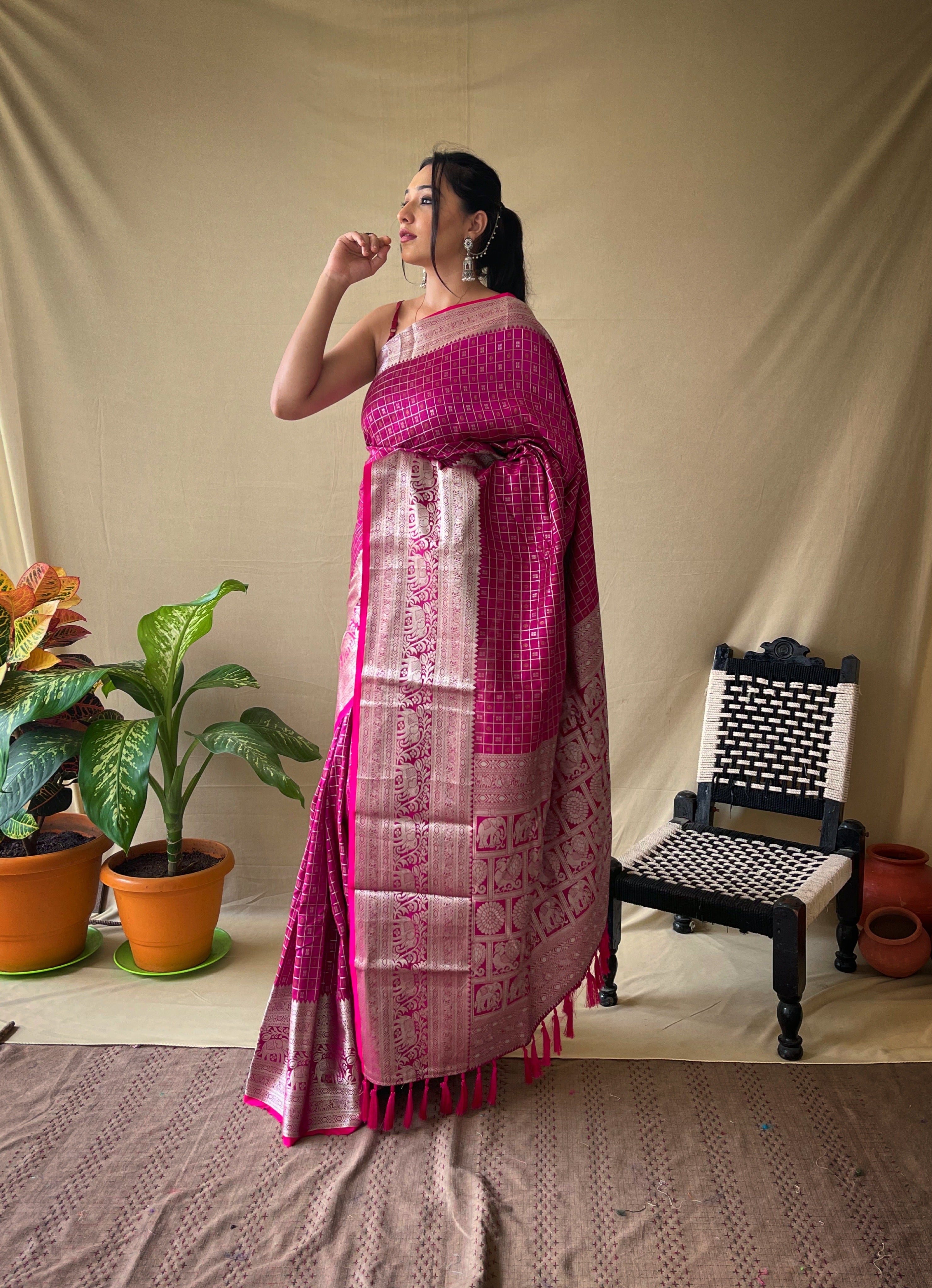 Soft Silk Woven Checks Pink Clothsvilla