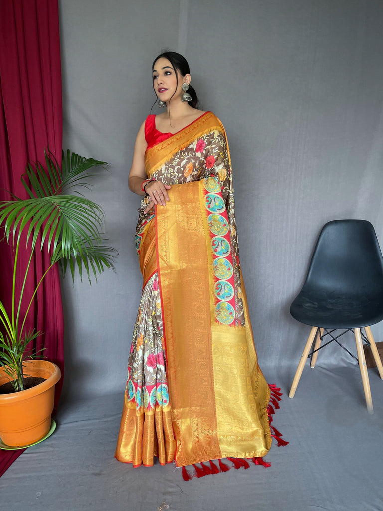 Gala Phool Kalamkari Printed Woven Saree Taupe Brown Clothsvilla