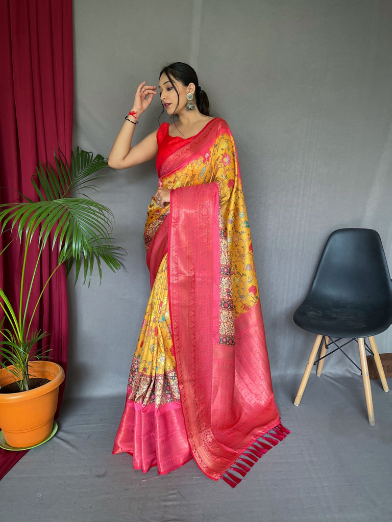 Gala Phool Kalamkari Printed Woven Saree Saffron Mango Clothsvilla