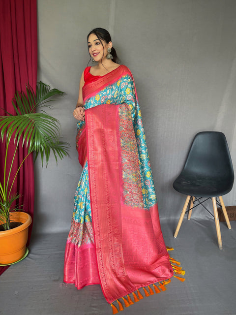 Gala Phool Kalamkari Printed Woven Saree Medium Turquoise Clothsvilla Main image