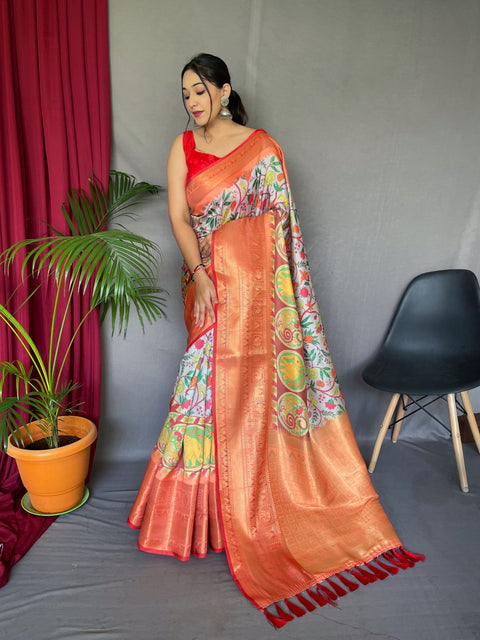 Gala Phool Kalamkari Printed Woven Saree Cavern Pink Clothsvilla Main image