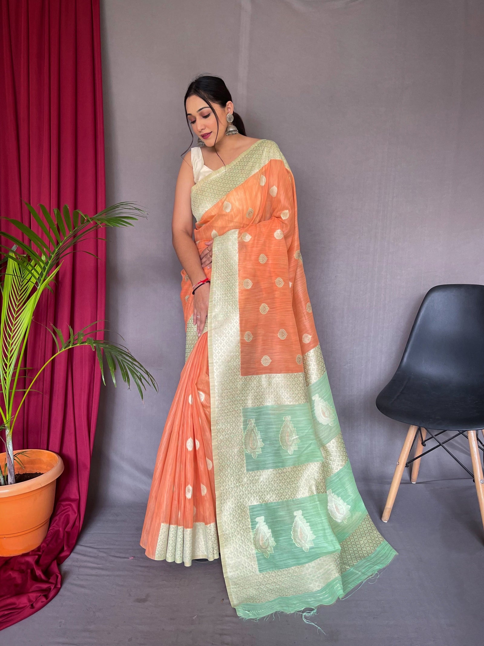 Chameli Cotton Slub Contrast Pattern Woven Saree Orange Peach with Green Mist Clothsvilla
