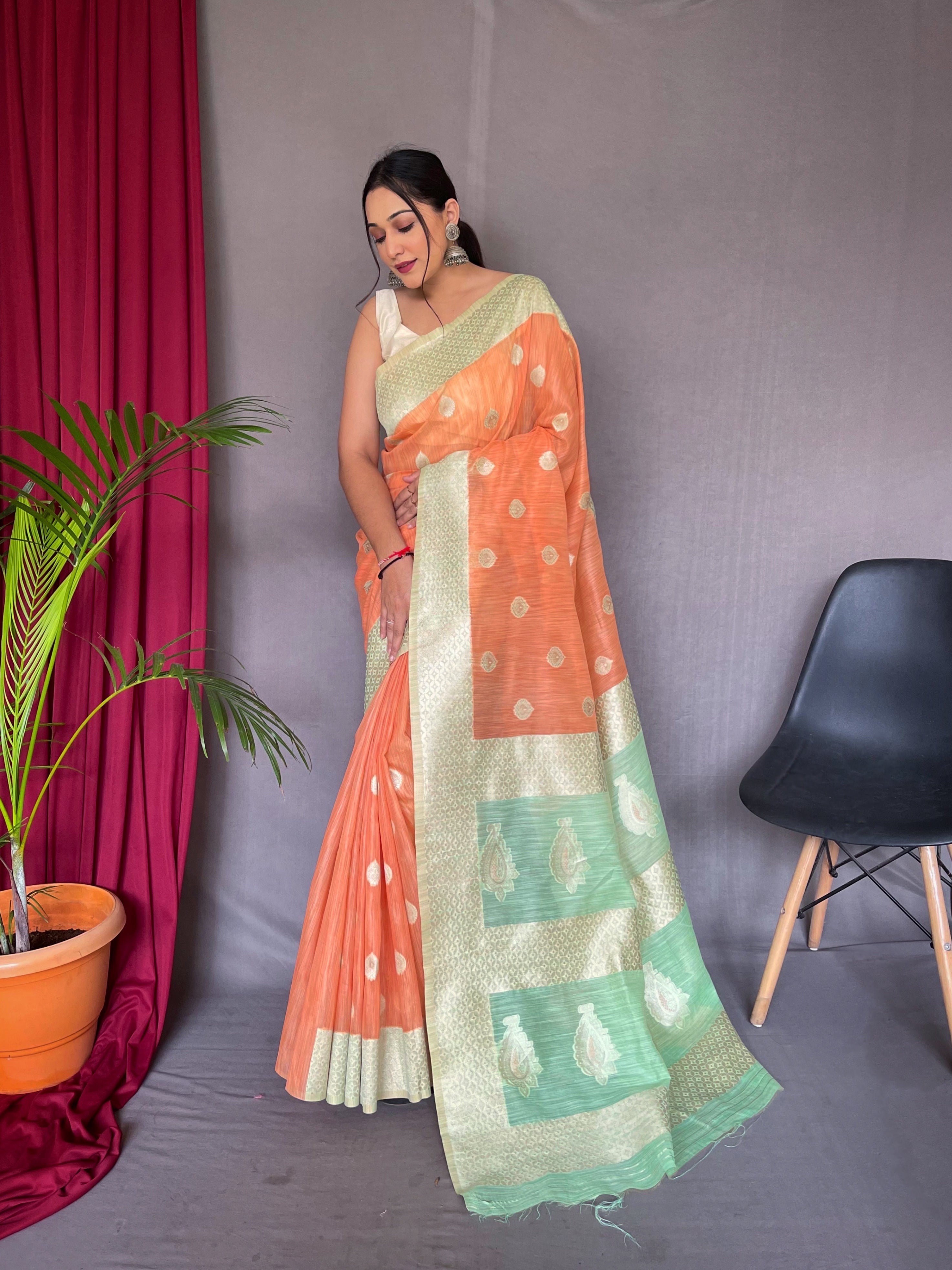 Chameli Cotton Slub Contrast Pattern Woven Saree Orange Peach with Green Mist Clothsvilla