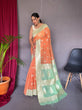 Load image into Gallery viewer, Chameli Cotton Slub Contrast Pattern Woven Saree Orange Peach with Green Mist Clothsvilla