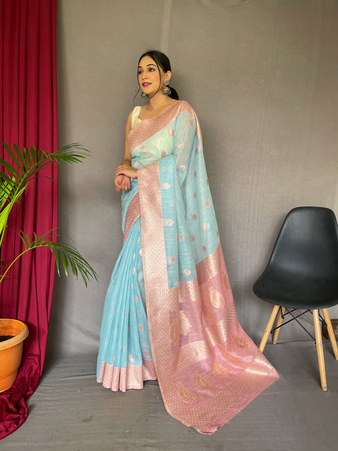 Chameli Cotton Slub Contrast Pattern Woven Saree Powder Blue with Pink Clothsvilla Main image