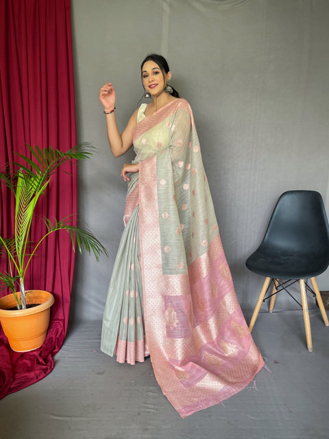 Chameli Cotton Slub Contrast Pattern Woven Saree Pastel Grey with Pink Clothsvilla Main image
