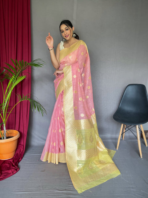 Chameli Cotton Slub Contrast Pattern Woven Saree Pastel Pink with Yellow Clothsvilla Main image