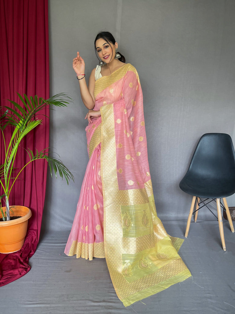 Chameli Cotton Slub Contrast Pattern Woven Saree Pastel Pink with Yellow Clothsvilla