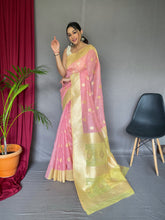 Load image into Gallery viewer, Chameli Cotton Slub Contrast Pattern Woven Saree Pastel Pink with Yellow Clothsvilla
