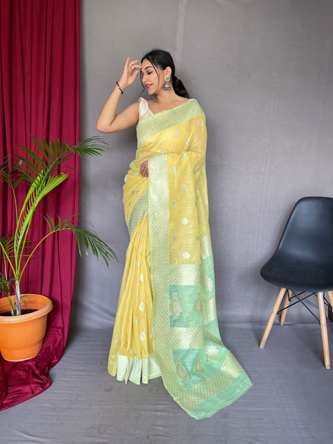 Chameli Cotton Slub Contrast Pattern Woven Saree Yellow with Green Mist Clothsvilla Main image