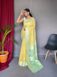 Load image into Gallery viewer, Chameli Cotton Slub Contrast Pattern Woven Saree Yellow with Green Mist Clothsvilla