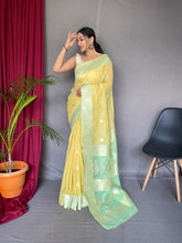 Load image into Gallery viewer, Chameli Cotton Slub Contrast Pattern Woven Saree Yellow with Green Mist Clothsvilla