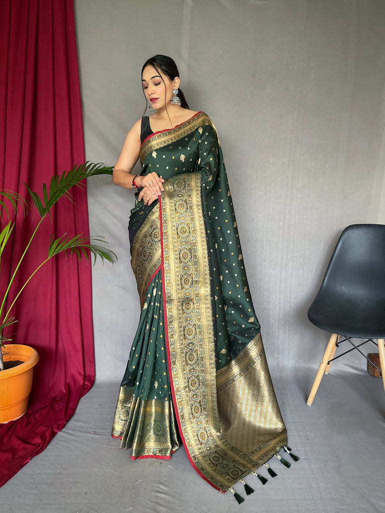 Bottle Green Saree in Aarohi Soft Silk Multi Color Zari Woven Clothsvilla