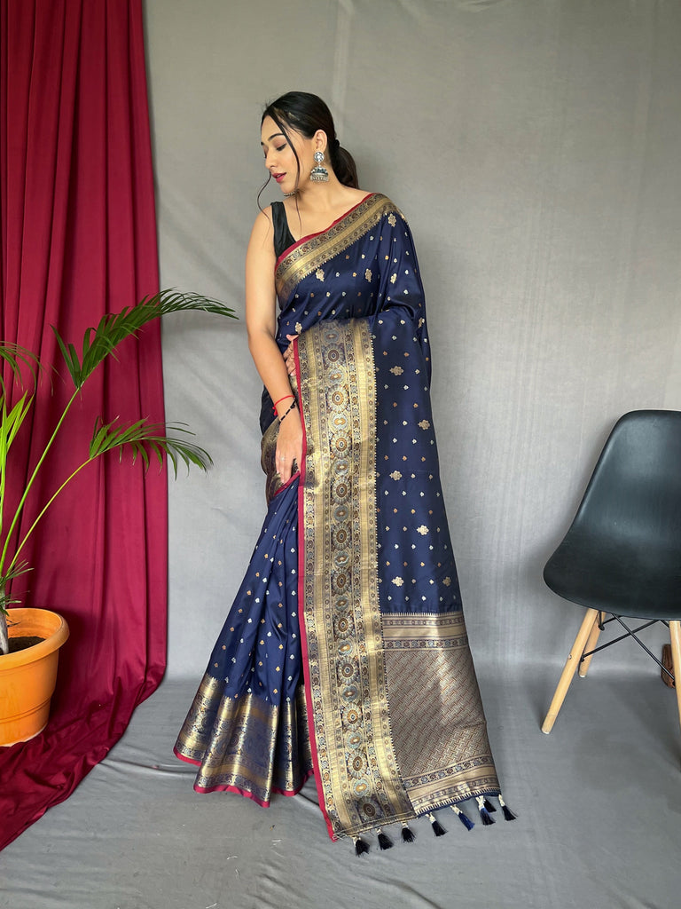 Navy Blue Saree in Soft Silk Multi Color Zari Woven Clothsvilla