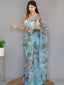 Organza Digital Floral Printed with Embroidered Work Saree Sky Blue Clothsvilla