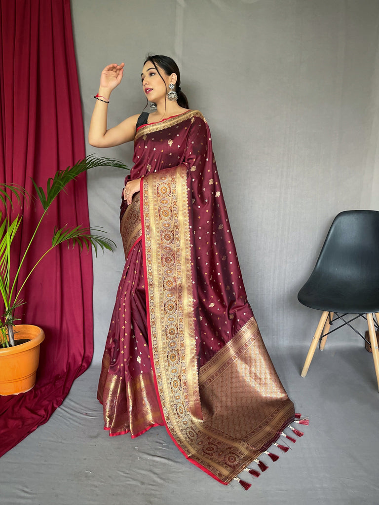 Brownish Maroon Saree in Soft Silk Multi Color Zari Woven Clothsvilla