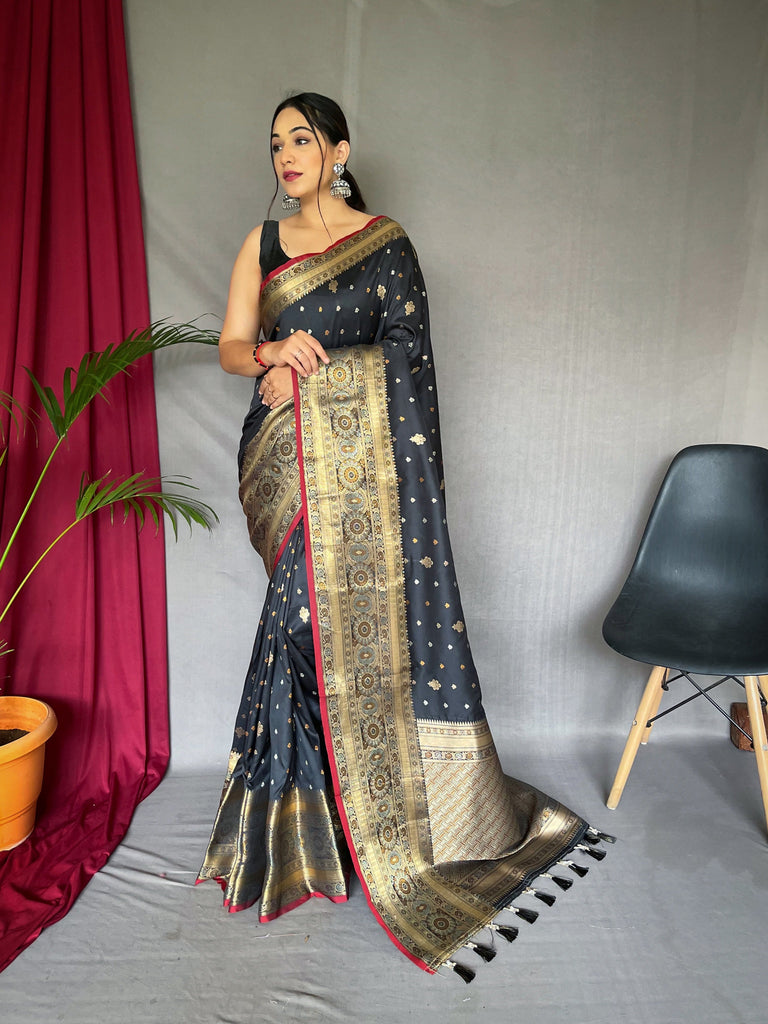 Black Saree In Soft Silk Multi Color Zari Woven Clothsvilla