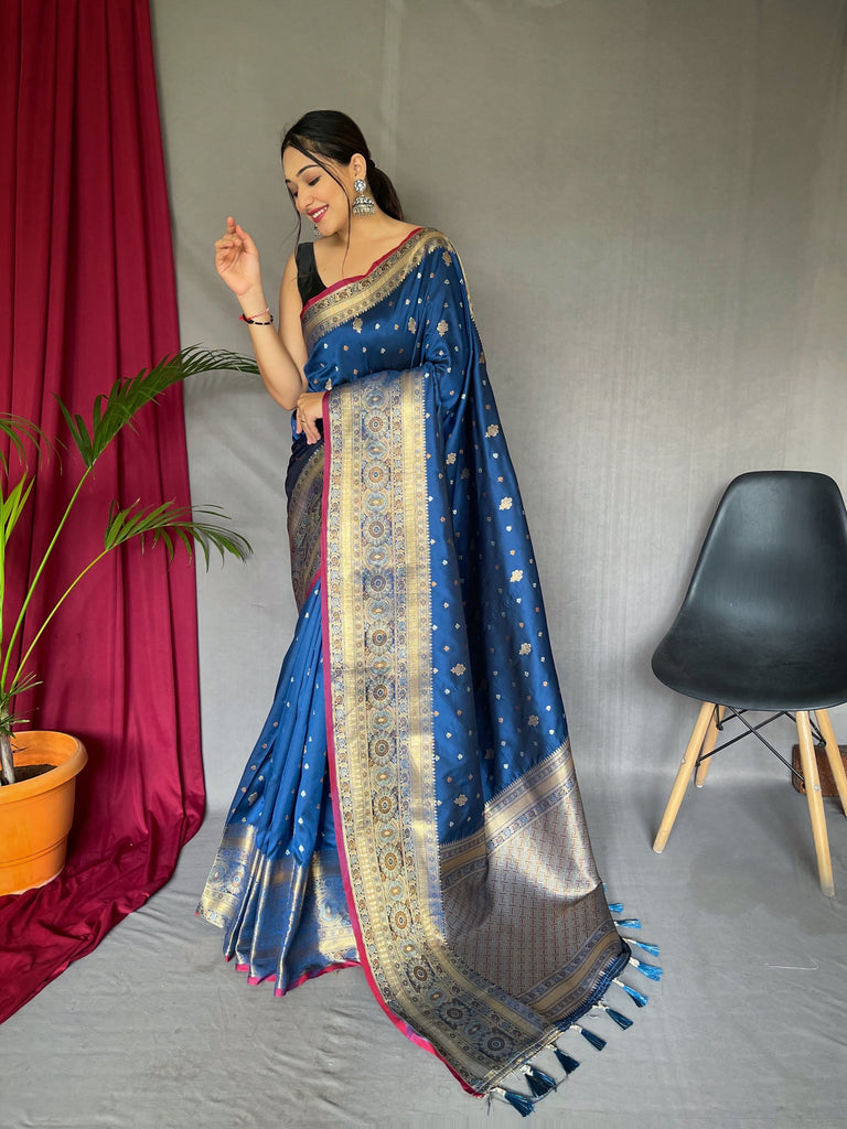 Dusk Blue Saree in Soft Silk Multi Color Zari Woven Clothsvilla