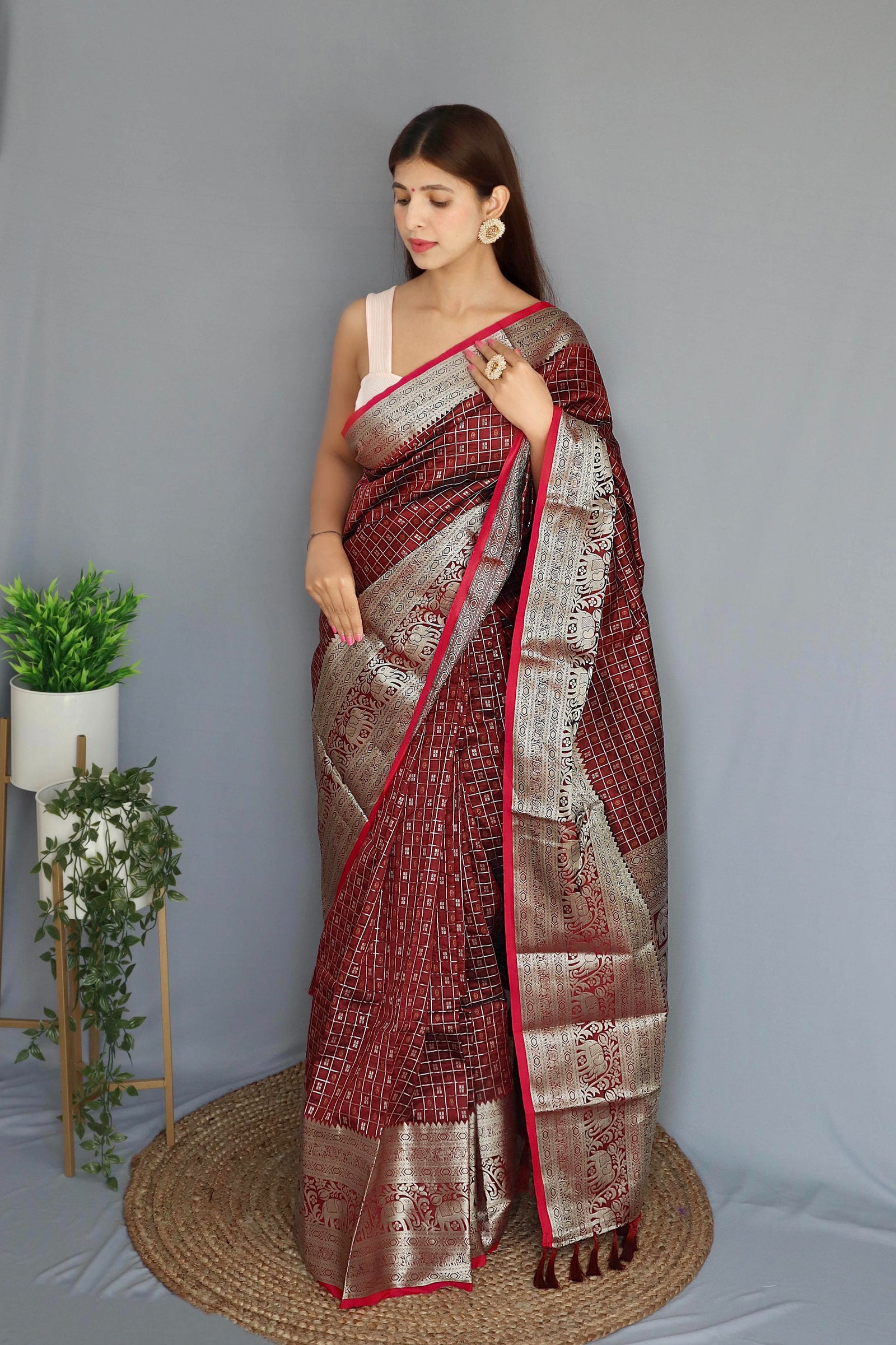 Soft Silk Woven Checks Brown Clothsvilla