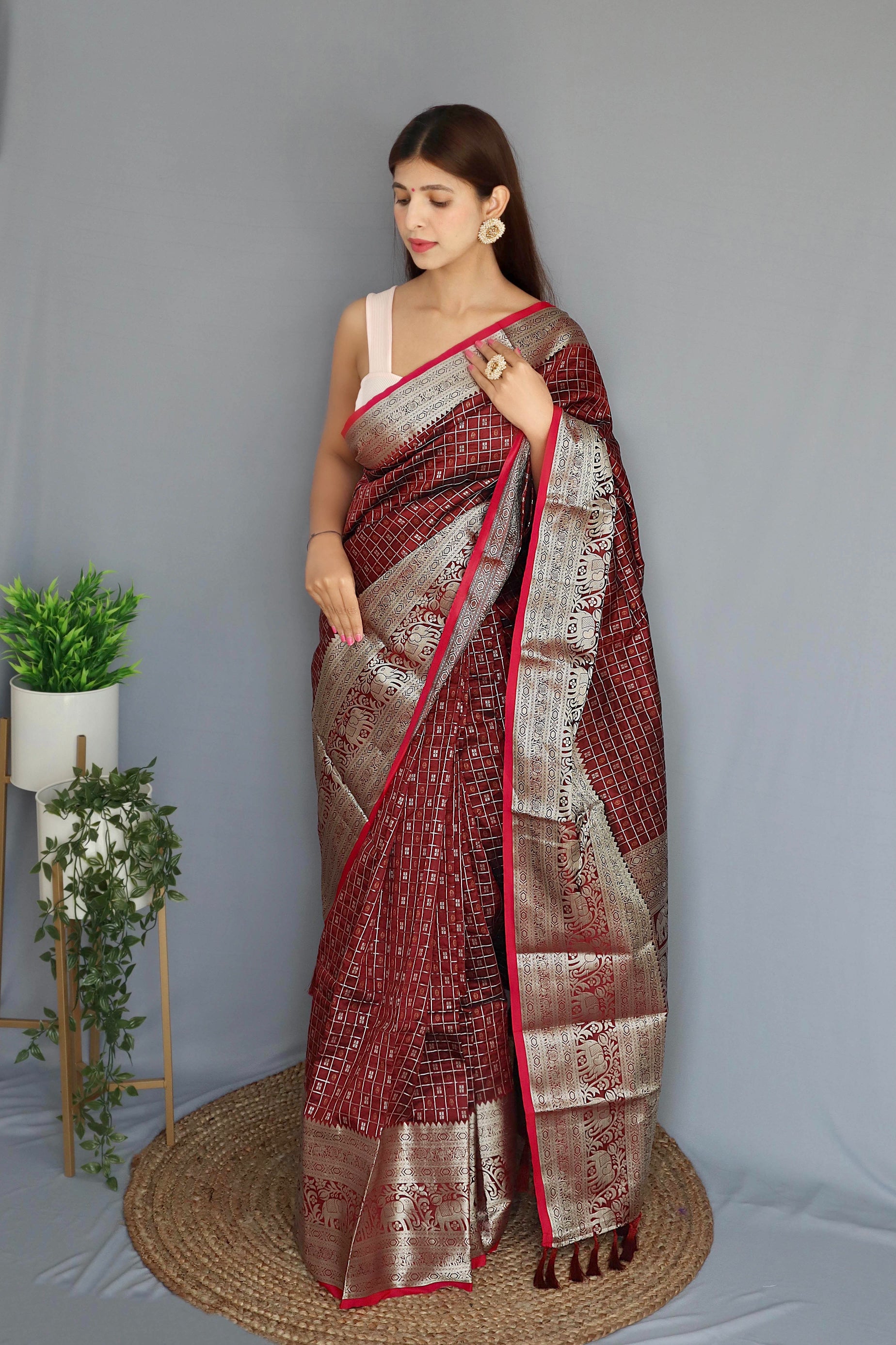Soft Silk Woven Checks Brown Clothsvilla