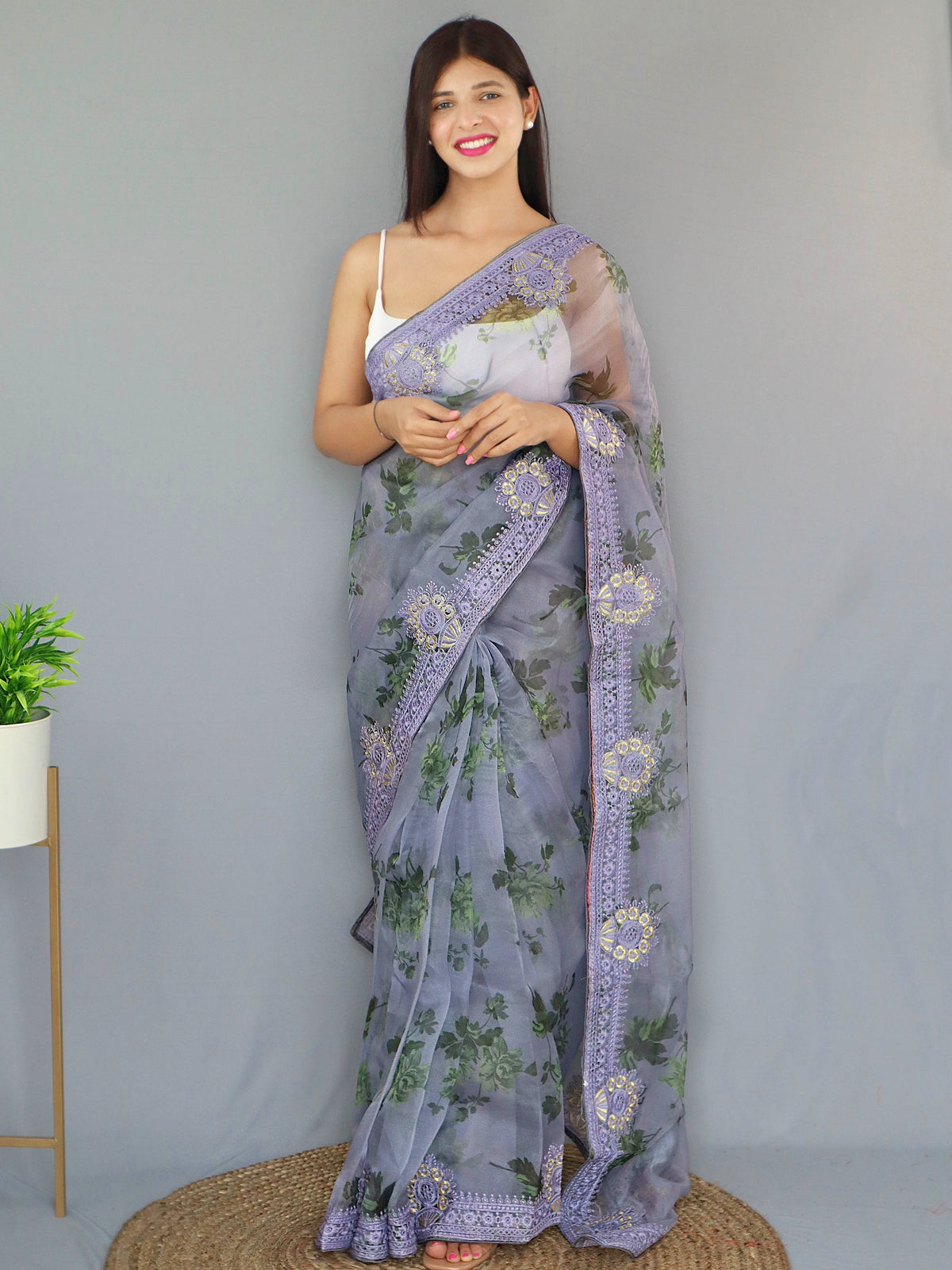 Organza Digital Floral Printed with Embroidered Work Saree Purplish Grey Clothsvilla Main image
