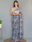 Organza Digital Floral Printed with Embroidered Work Saree Purplish Grey Clothsvilla