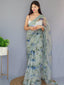Organza Digital Floral Printed with Embroidered Work Saree Dusty Grey Clothsvilla
