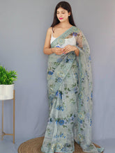 Load image into Gallery viewer, Organza Digital Floral Printed with Embroidered Work Saree Dusty Grey Clothsvilla