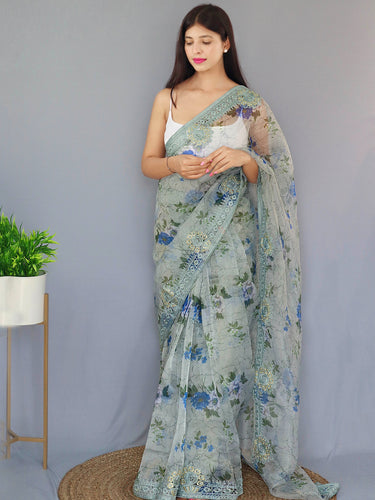 Organza Digital Floral Printed with Embroidered Work Saree Dusty Grey Clothsvilla