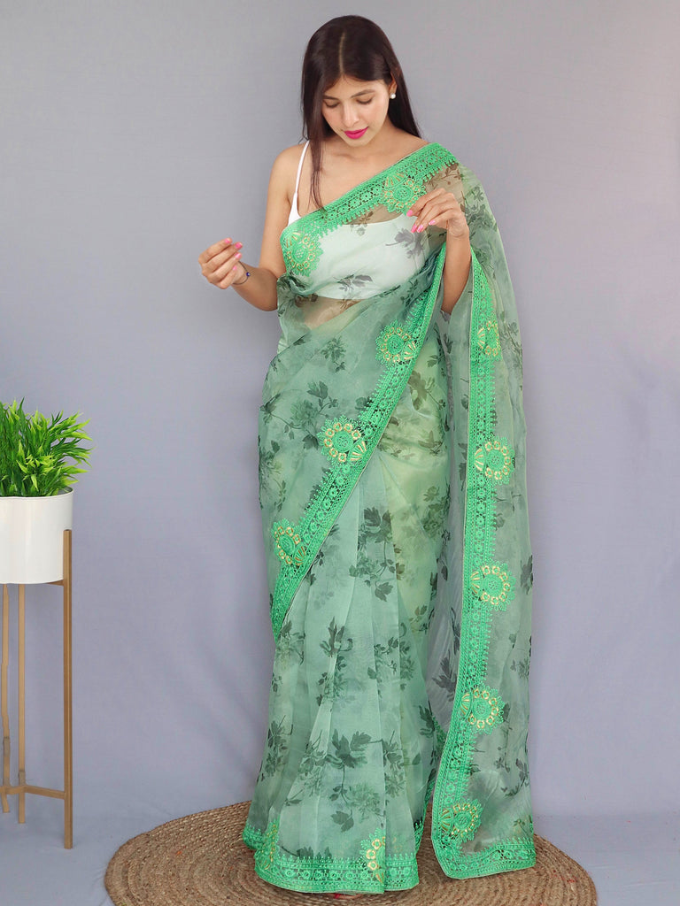 Organza Digital Floral Printed with Embroidered Work Saree Slate Green Clothsvilla