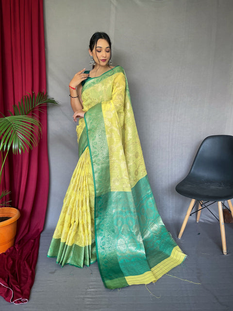 Rashi Linen Jaal Contrast Woven Saree Yellow with Green Clothsvilla Main image