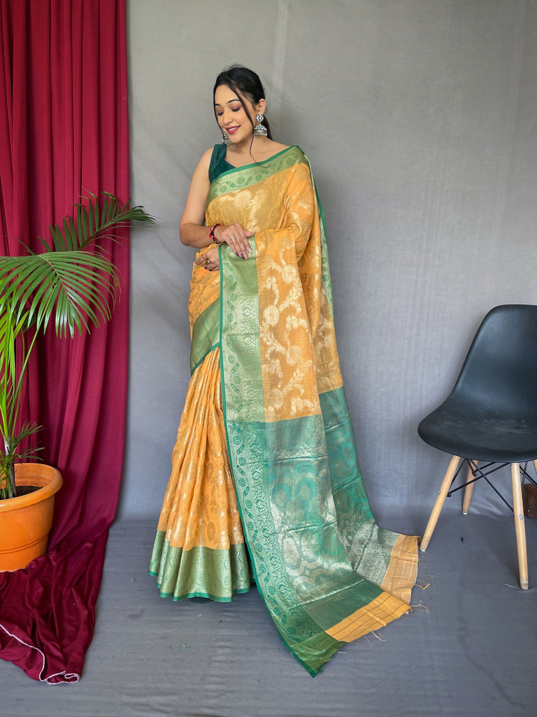 Rashi Linen Jaal Contrast Woven Saree Pastel Orange with Green Clothsvilla