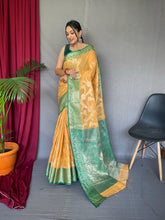 Load image into Gallery viewer, Rashi Linen Jaal Contrast Woven Saree Pastel Orange with Green Clothsvilla