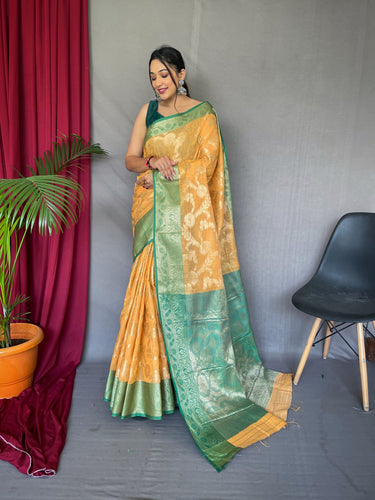 Rashi Linen Jaal Contrast Woven Saree Pastel Orange with Green Clothsvilla