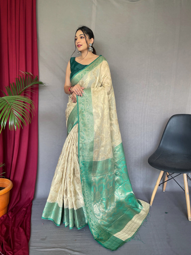 Rashi Linen Jaal Contrast Woven Saree Ivory with Green Clothsvilla