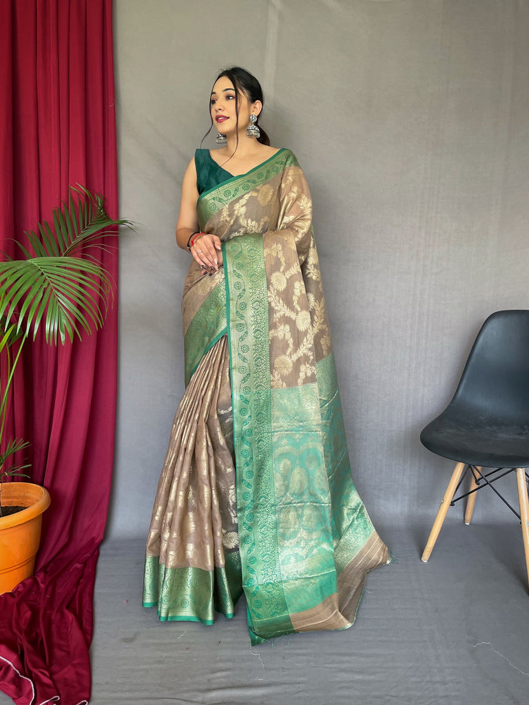 Rashi Linen Jaal Contrast Woven Saree Brown with Green Clothsvilla