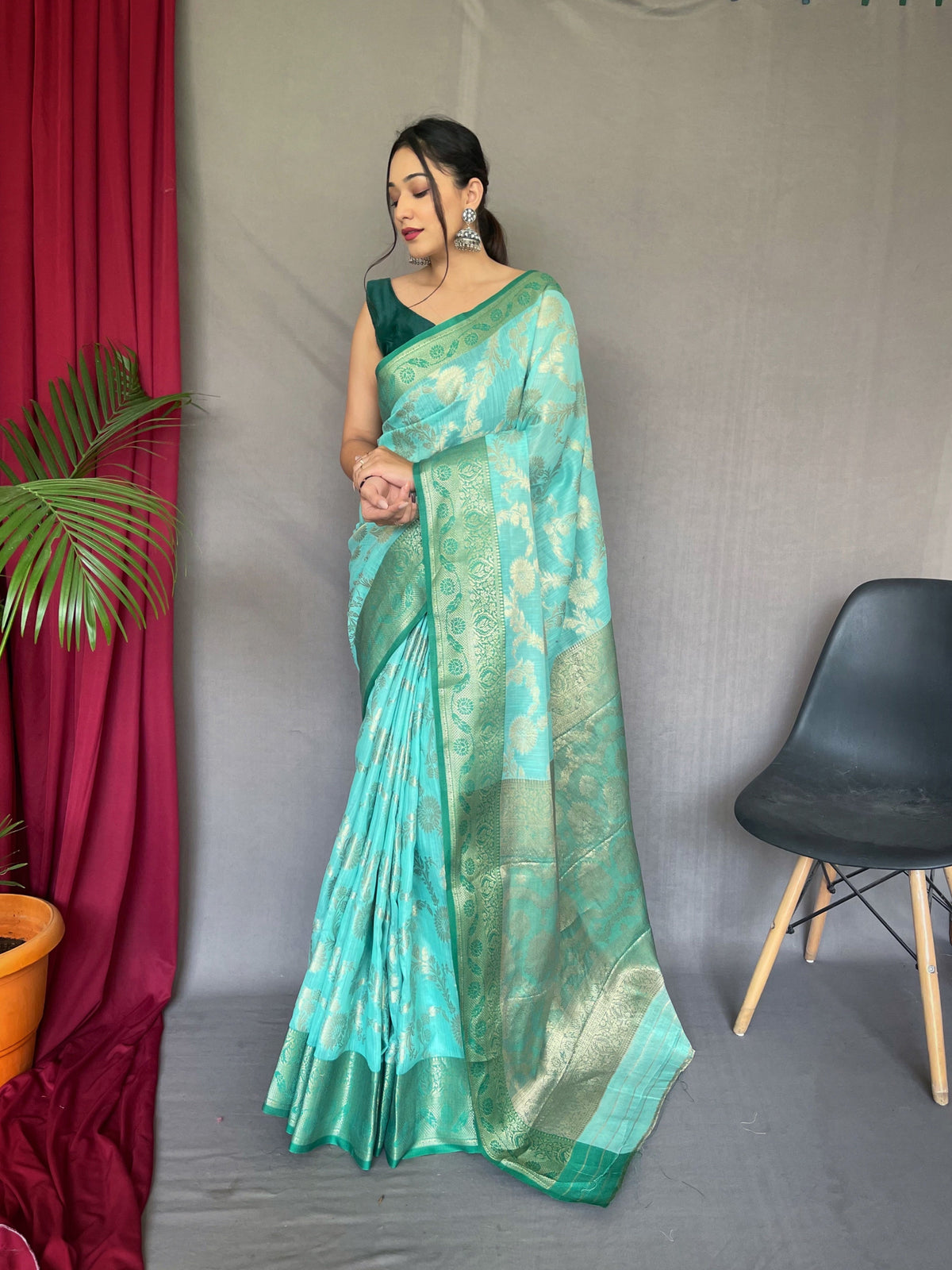 Rashi Linen Jaal Contrast Woven Saree Aqua Blue with Green Clothsvilla Main image