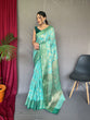 Load image into Gallery viewer, Rashi Linen Jaal Contrast Woven Saree Aqua Blue with Green Clothsvilla