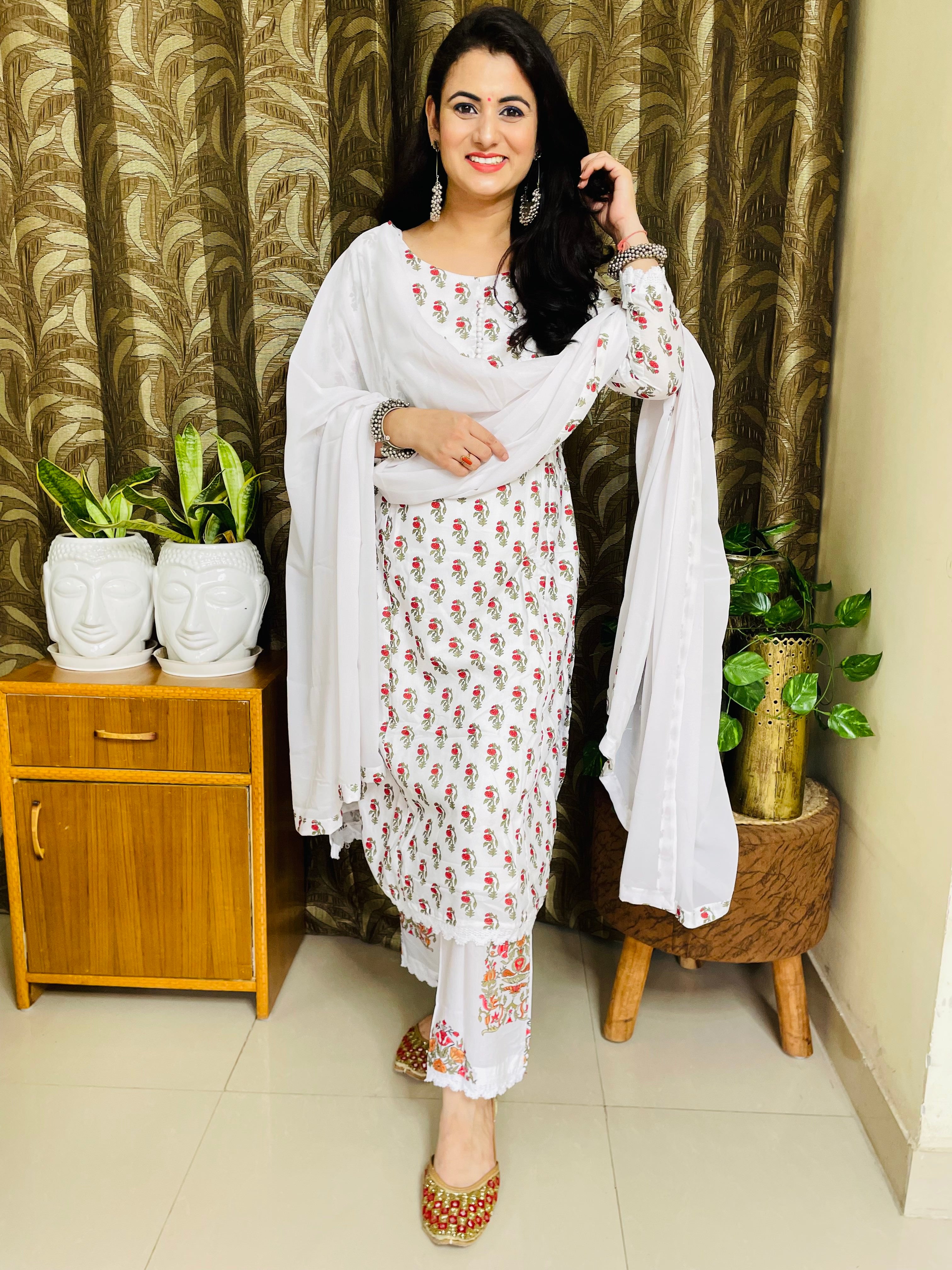 White Cotton Printed suit with attractive Lace Border ClothsVilla Main image