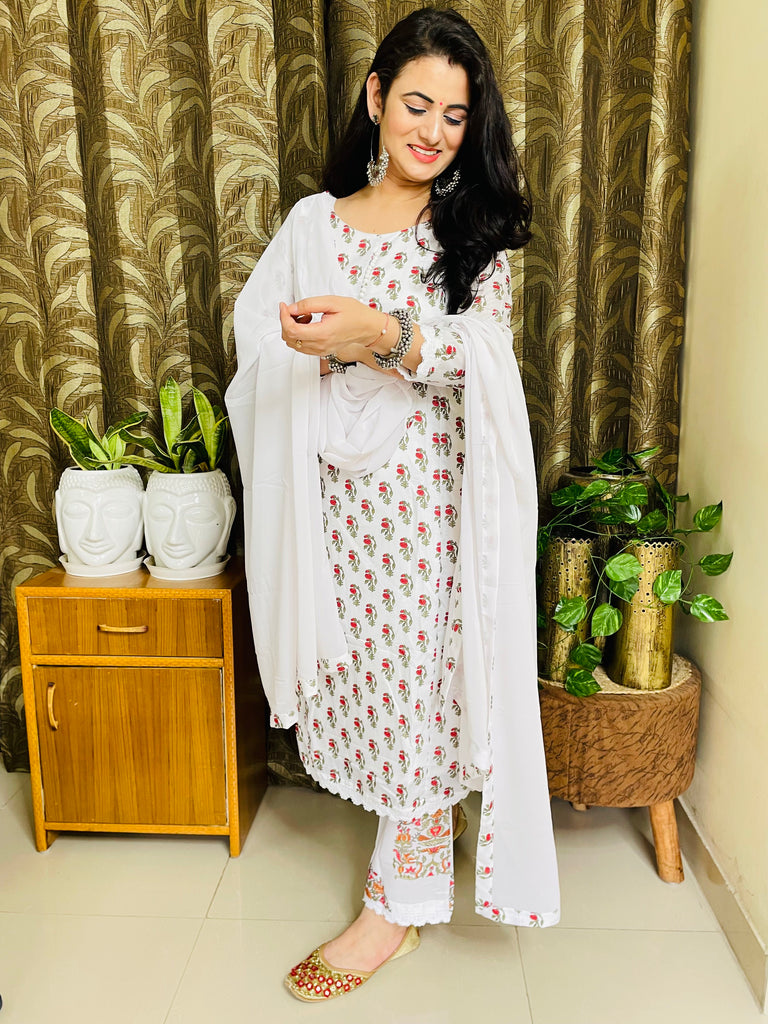 White Cotton Printed suit with attractive Lace Border - Clot