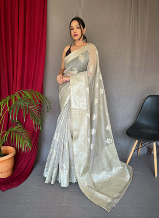 Saanvi Cotton Rose Gold Woven Saree Grey Clothsvilla