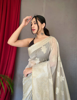 Saanvi Cotton Rose Gold Woven Saree Grey Clothsvilla