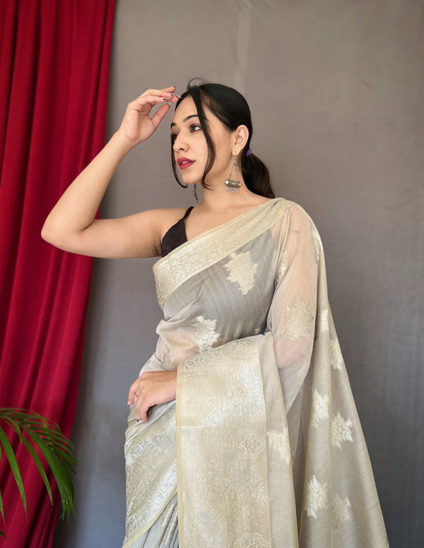Saanvi Cotton Rose Gold Woven Saree Grey Clothsvilla