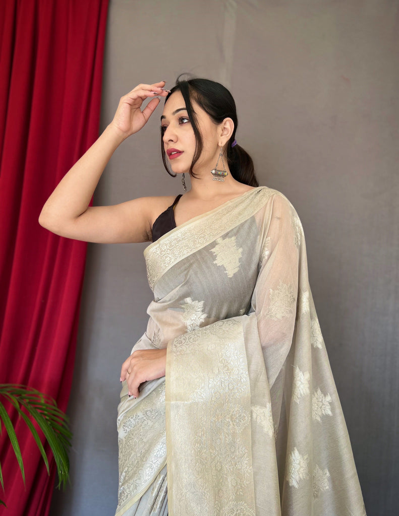 Saanvi Cotton Rose Gold Woven Saree Grey Clothsvilla