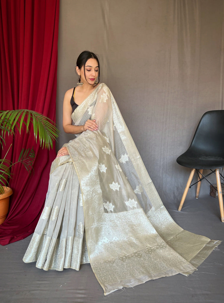 Saanvi Cotton Rose Gold Woven Saree Grey Clothsvilla